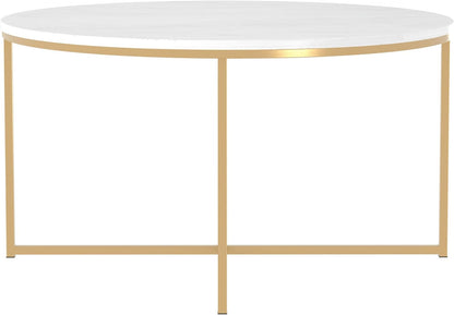 Eden Bridge Designs 91cm Round Mid Century Modern Coffee Table with X-Base for Living Room/Office decoration, Metal, Glass/Gold/Faux Marble