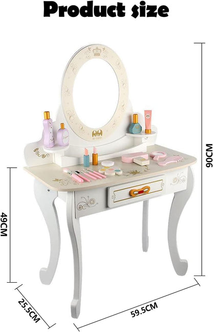 Wooden Dresser Table And Stools, Dressing Table, Role Play Toy, Makeup Toys,Kids Little Princess Rapunzel Wooden Vanity Set with Mirror and Chair (WHITE)