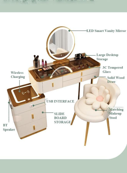 Makeup Vanity Table Dressing Table Flip Mirror With Drawers And Chair With BT Speaker,wireless charger and USB port