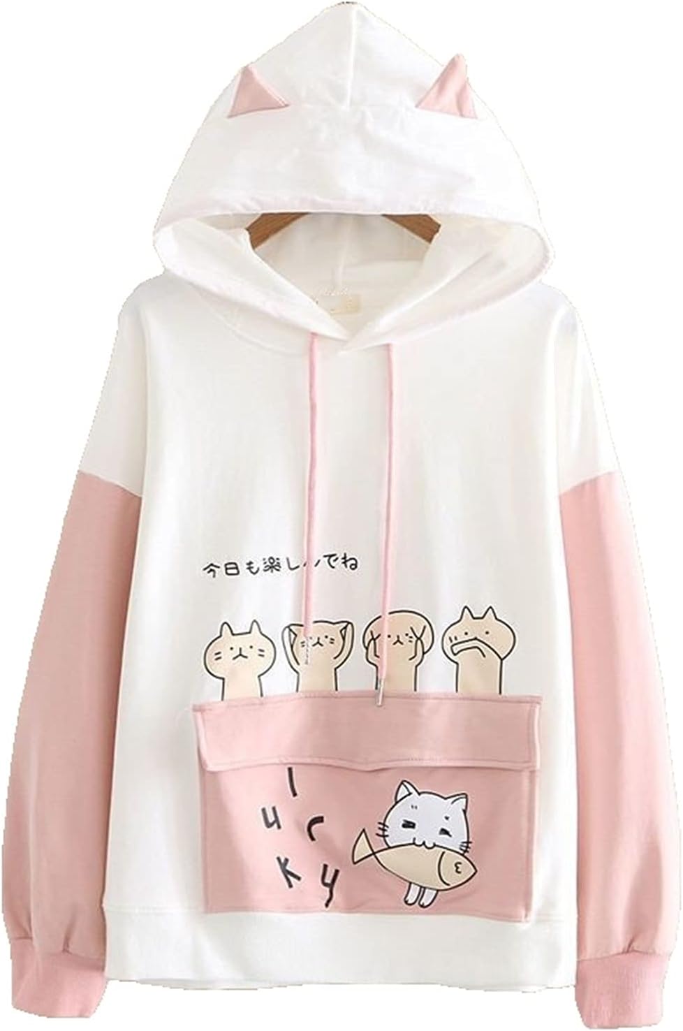 Zzple Kawaii Hoodie Sweater Thin Loose Color Matching Hooded Ears Japanese Girly Dress (Color : Pink, Size : M)