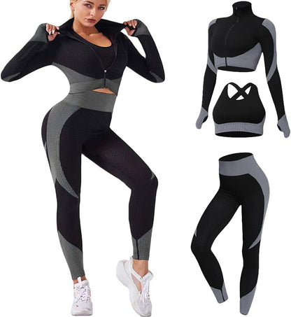 Veriliss 3pcs Gym Clothes for Women Tracksuit Womens Full Set Outfits Workout Joggers Yoga Sportswear Leggings and Stretch Sports Bra Jumpsuits Clothes Sets