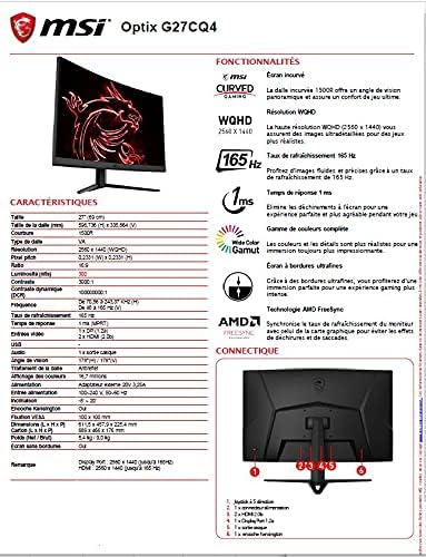 MSI Optix G27CQ4 Curved Gaming Monitor - 27 Inch, 16:9 WQHD (2560 x 1440), 1440p, 2K, VA, 165Hz, 1ms, 1500R, FreeSync Premium, DisplayPort, HDMI, Night Vision, Frameless, Anti-, Less Blue Light