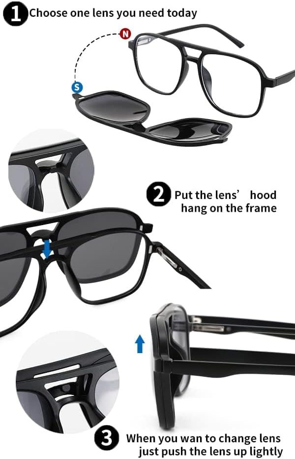 KASTWAVE Magnetic Clip on Sunglasses TR90 Square Glasses Frame TAC 5pcs Replacement Lens Set Sunglasses for Men Women Eyeglasses Fit Over Night Driving