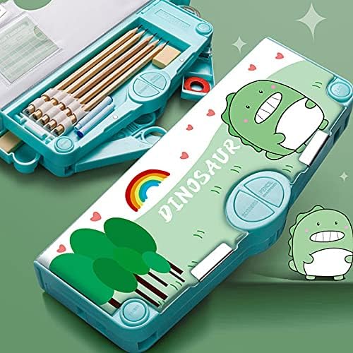 Multifunction Pencil Case, Pencil Box with 2 Compartments for Students - Cartoon Pattern Stationery Set with Pop Out Scissors and Pencil Sharpener