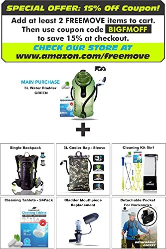 FREEMOVE 2L Hydration Bladder with Cleaning Kit or 3L Water Bladder >Blue or Green< Leak Proof Hydration Pack, Tasteless & BPA Free, TPU Water Reservoir, Quick Release Insulated Tube & Shutoff Valve