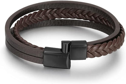 Tomovely 4Pcs Mens Leather Bracelets Black Bracelet Leather for Men Women Steel Magnetic Clasp Braided Cuff Bracelets