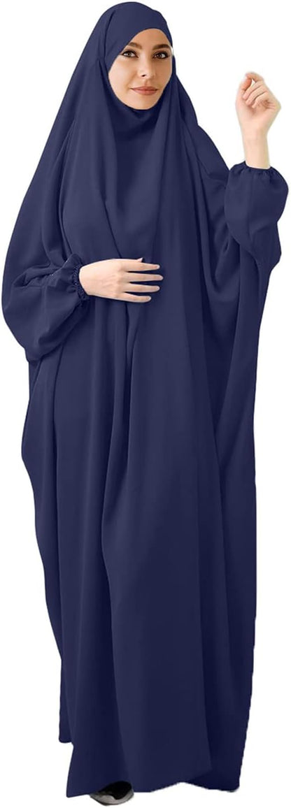 Women's Solid Abaya Muslim Plus Size One-Piece Prayer Dress Islamic Maxi Kaftan with Hijab Dubai Full Length Dress