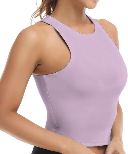 Colorfulkoala Women's High Neck Tank Tops Body Contour Sleeveless Crop Double Lined Yoga Shirts