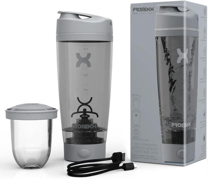 Promixx Pro Shaker Bottle (iX-R Edition) | Rechargeable, Powerful for Smooth Protein Shakes | includes Supplement Storage - BPA Free | 600ml Cup (Silver Blue/Gray)