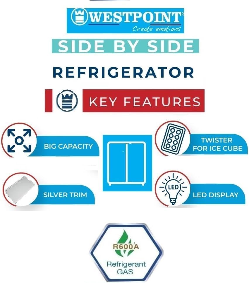 Westpoint Side by Side 2 Door Refrigerator 551 Liter, Frost Free With Inverter Compressor, Digital Control With Temperature Display, Energy Efficient 3 Star ESMA Rated - Silver - WSTW-5423EDI