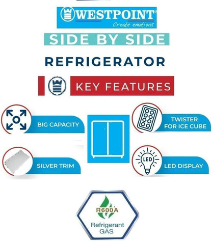 Westpoint Side by Side 2 Door Refrigerator 551 Liter, Frost Free With Inverter Compressor, Digital Control With Temperature Display, Energy Efficient 3 Star ESMA Rated - Silver - WSTW-5423EDI