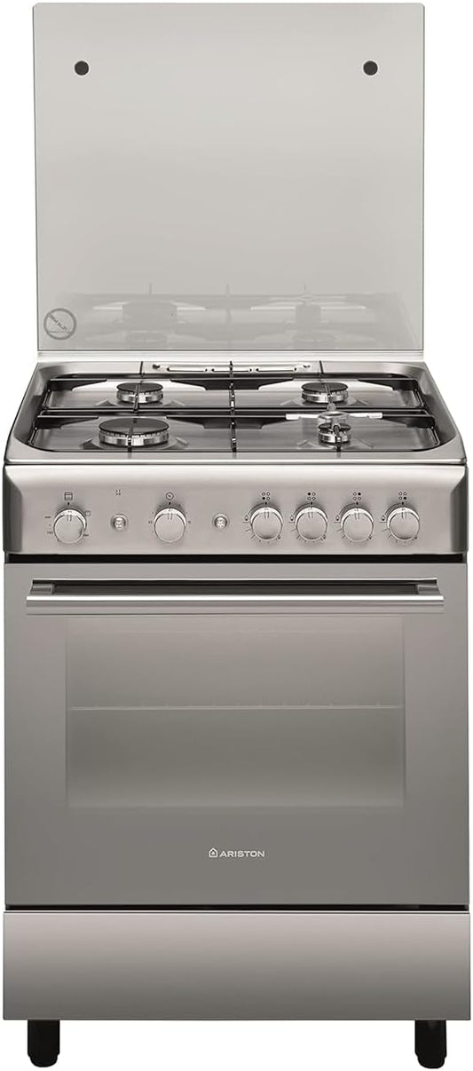 Ariston 60x60cm Freestanding Stainless Steel Cooker, Full Gas Cooking Range With 4 Burners with 1 Triple Crown, Automatic Ignition, Full Safety, Cast Iron Pan Support, Made In Poland, A6TG1FC(X)/EX