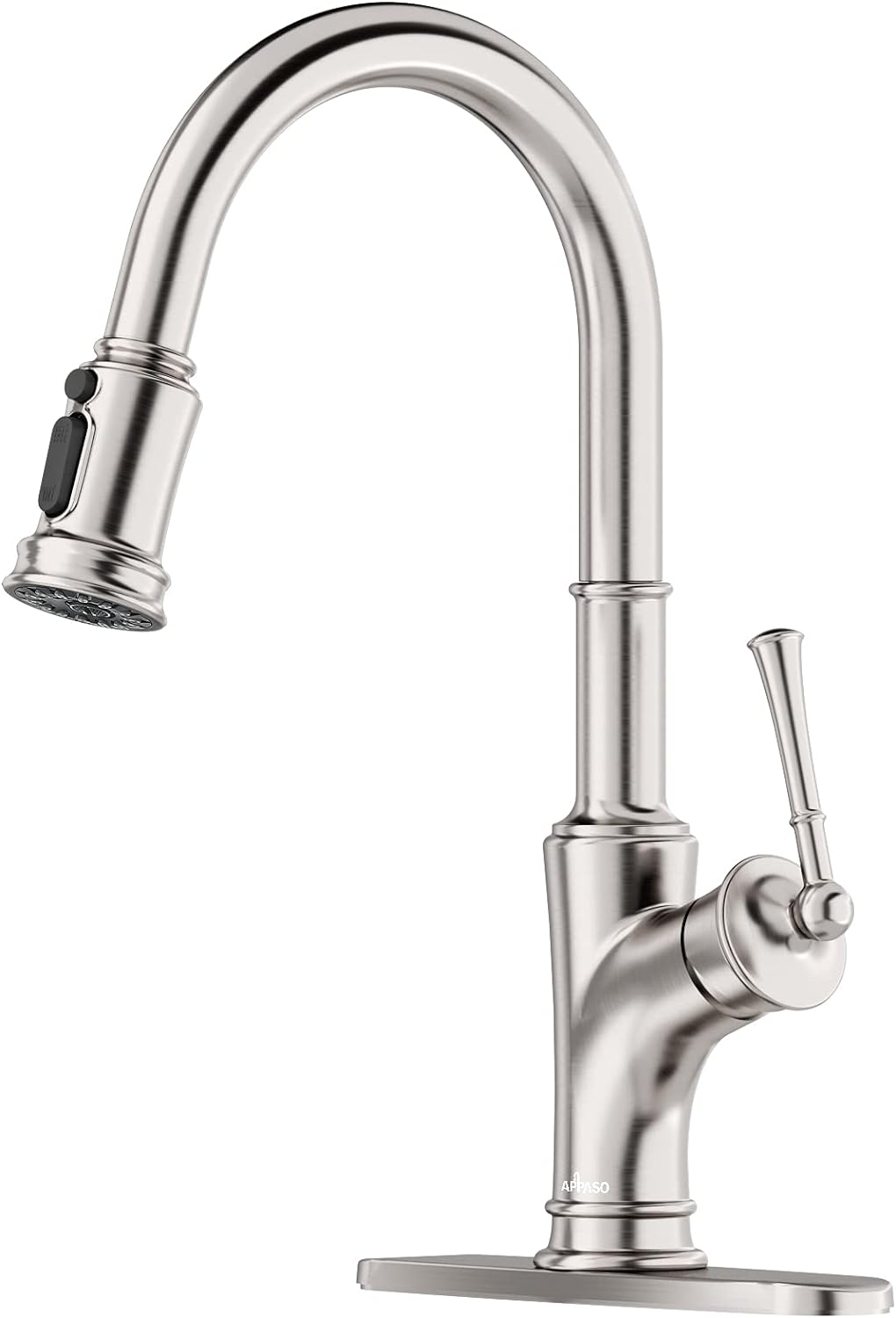 APPASO Kitchen Faucet with Pull Down Sprayer - Single Handle One Hole High Arc Pull Out Kitchen Sink Faucets with Deck Plate, Brushed Nickel, APS220BN