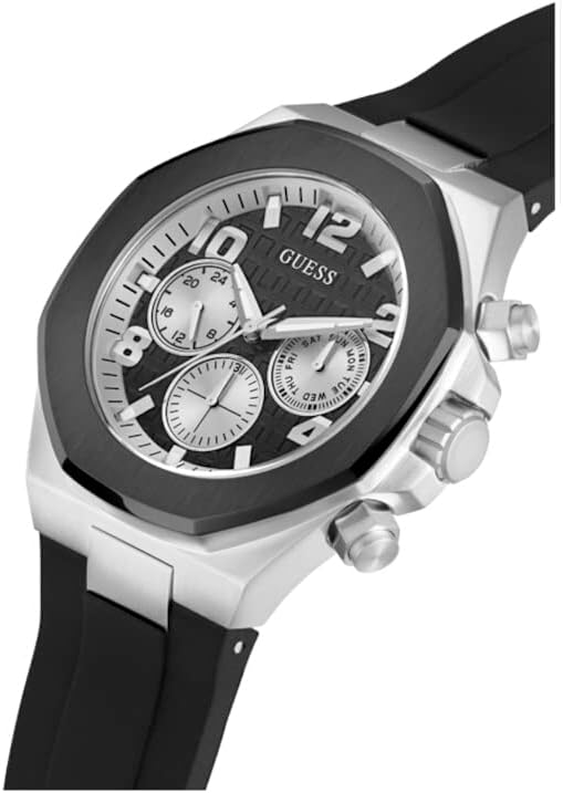 GUESS Men's 46mm Watch - Black Strap Black Dial Two-Tone Case, Black, one