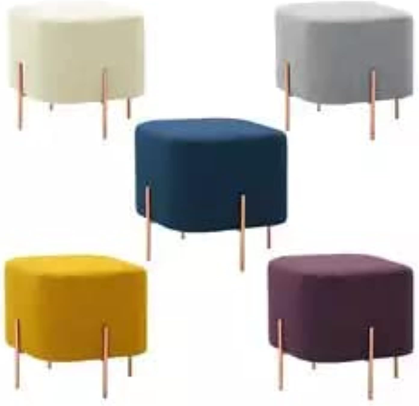 Angela Square Shape Ottoman Upholstered Velvet Fabric Footstool Comfortable Golden Metal Stool (Blue)