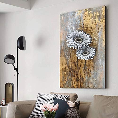 Yihui Arts Abstract Landscape Canvas Art Hand Painted 3D Tree Paintings with Gold Foil for Wall Decor Modern Artwork Pictures Living Room Bedroom Decoration