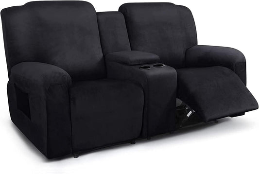 CULOTOL 8-Piece Velvet Stretch Loveseat Reclining Sofa Covers, Reclining Love Seat with Middle Console Slipcover, 2 seat Love Seat Recliner Cover, Thick, Soft, Washable (Black)