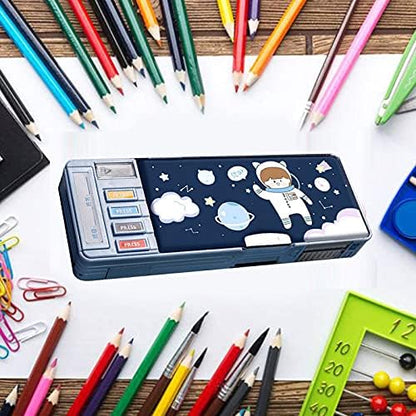 Multifunction Pencil Case, Pencil Box with 2 Compartments for Students - Cartoon Pattern Stationery Set with Pop Out Scissors and Pencil Sharpener