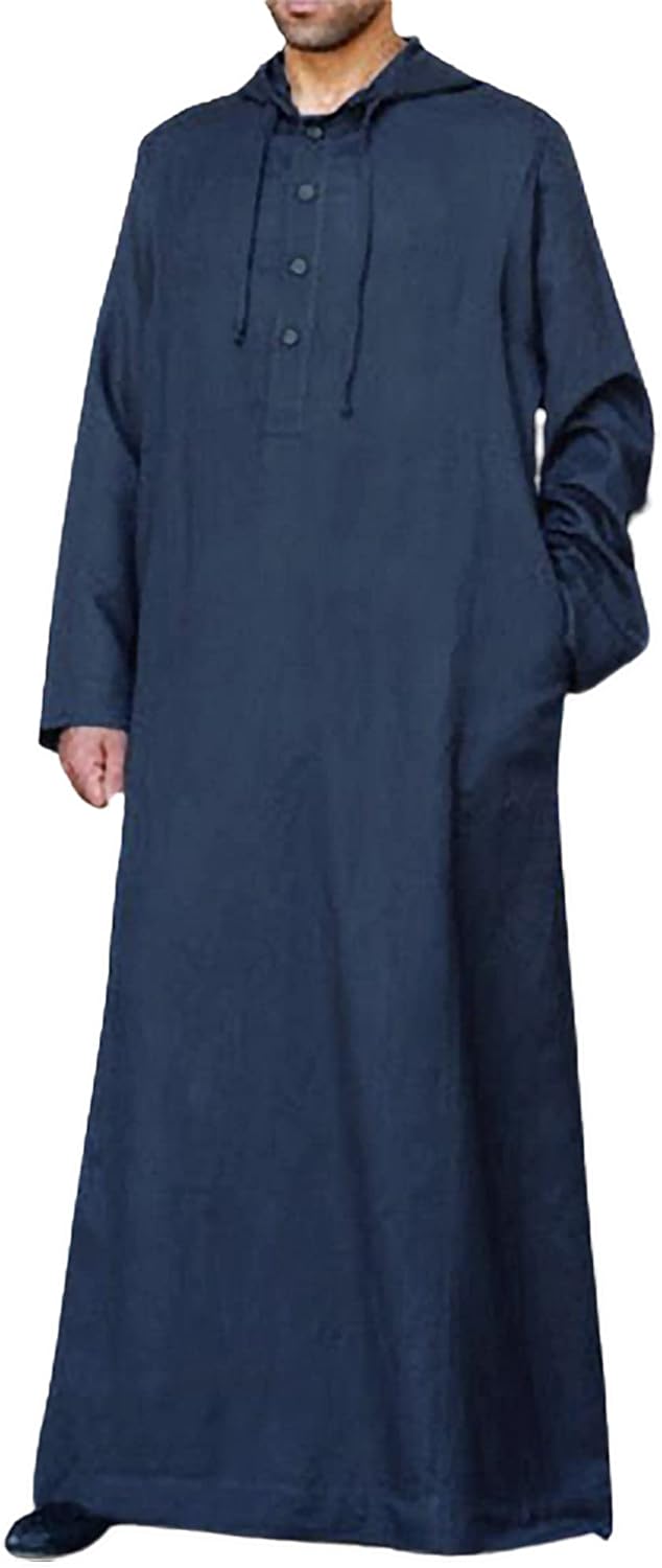 YAOHUOLE Men's Long Sleeve Thobe Drawstring Kaftan Thobe Hoodie with Pockets Long Gown Casual Shirt