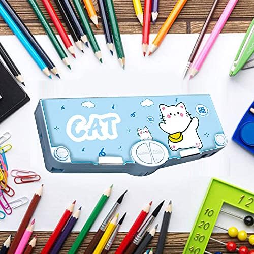 Multifunction Pencil Case, Pencil Box with 2 Compartments for Students - Cartoon Pattern Stationery Set with Pop Out Scissors and Pencil Sharpener