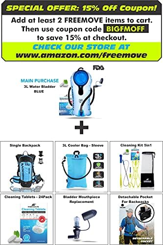 FREEMOVE 2L Hydration Bladder with Cleaning Kit or 3L Water Bladder >Blue or Green< Leak Proof Hydration Pack, Tasteless & BPA Free, TPU Water Reservoir, Quick Release Insulated Tube & Shutoff Valve