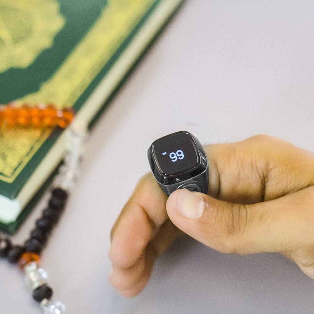 iQIBLA Smart Tasbih Zikr Ring- Muslim Prayer- Prayer timing reminder- OLED display- Tasbih Counter- Smart Ring- Wearable Technology- Waterproof Black 22mm- E0120BK- 20mm- USB