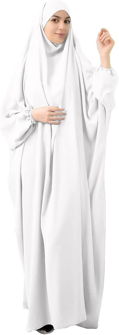 Women's Solid Abaya Muslim Plus Size One-Piece Prayer Dress Islamic Maxi Kaftan with Hijab Dubai Full Length Dress