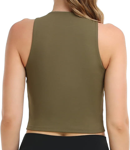 Colorfulkoala Women's High Neck Tank Tops Body Contour Sleeveless Crop Double Lined Yoga Shirts