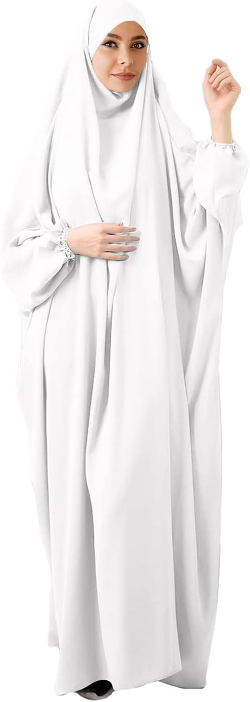 Women's Solid Abaya Muslim Plus Size One-Piece Prayer Dress Islamic Maxi Kaftan with Hijab Dubai Full Length Dress