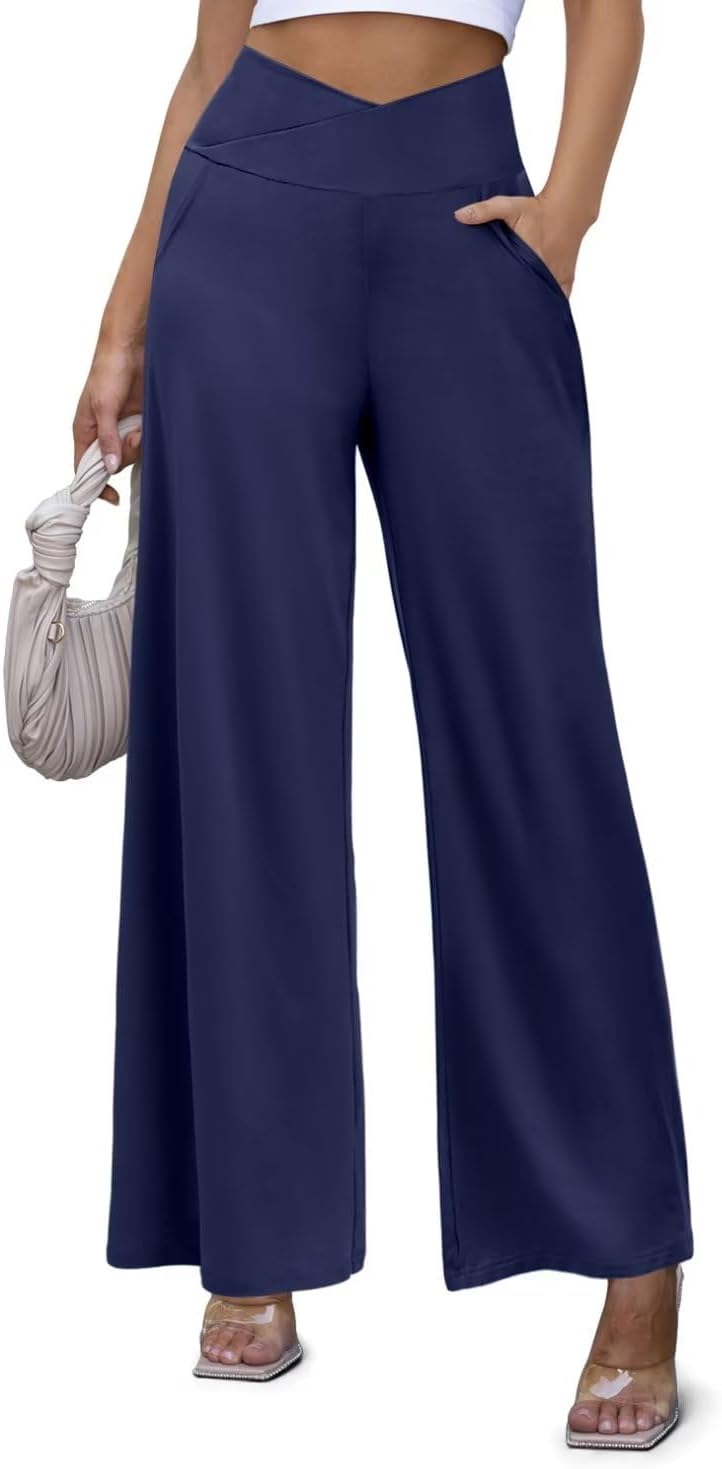 JZC Women's Wide Leg Casual Pants Cross Waist Palazzo Lounge Pajama Flowy Pants Yoga Sweatpants with Pockets