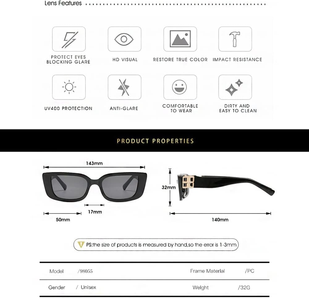 Retro Rectangle Sunglasses Women and Men Vintage Small Square Sun Glasses Protection Glasse, UV400 Protection Glasse, Vintage Driving Glasses 90’s Fashion Narrow Square Frame