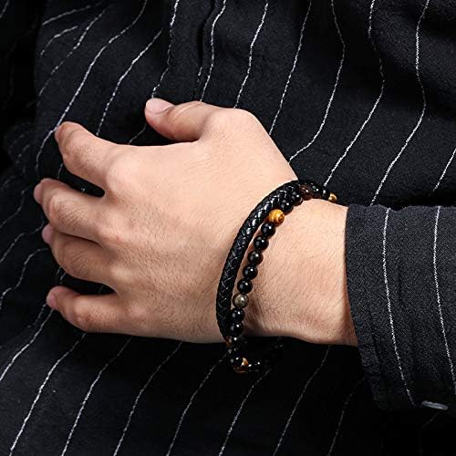 Tomovely 4Pcs Mens Leather Bracelets Black Bracelet Leather for Men Women Steel Magnetic Clasp Braided Cuff Bracelets