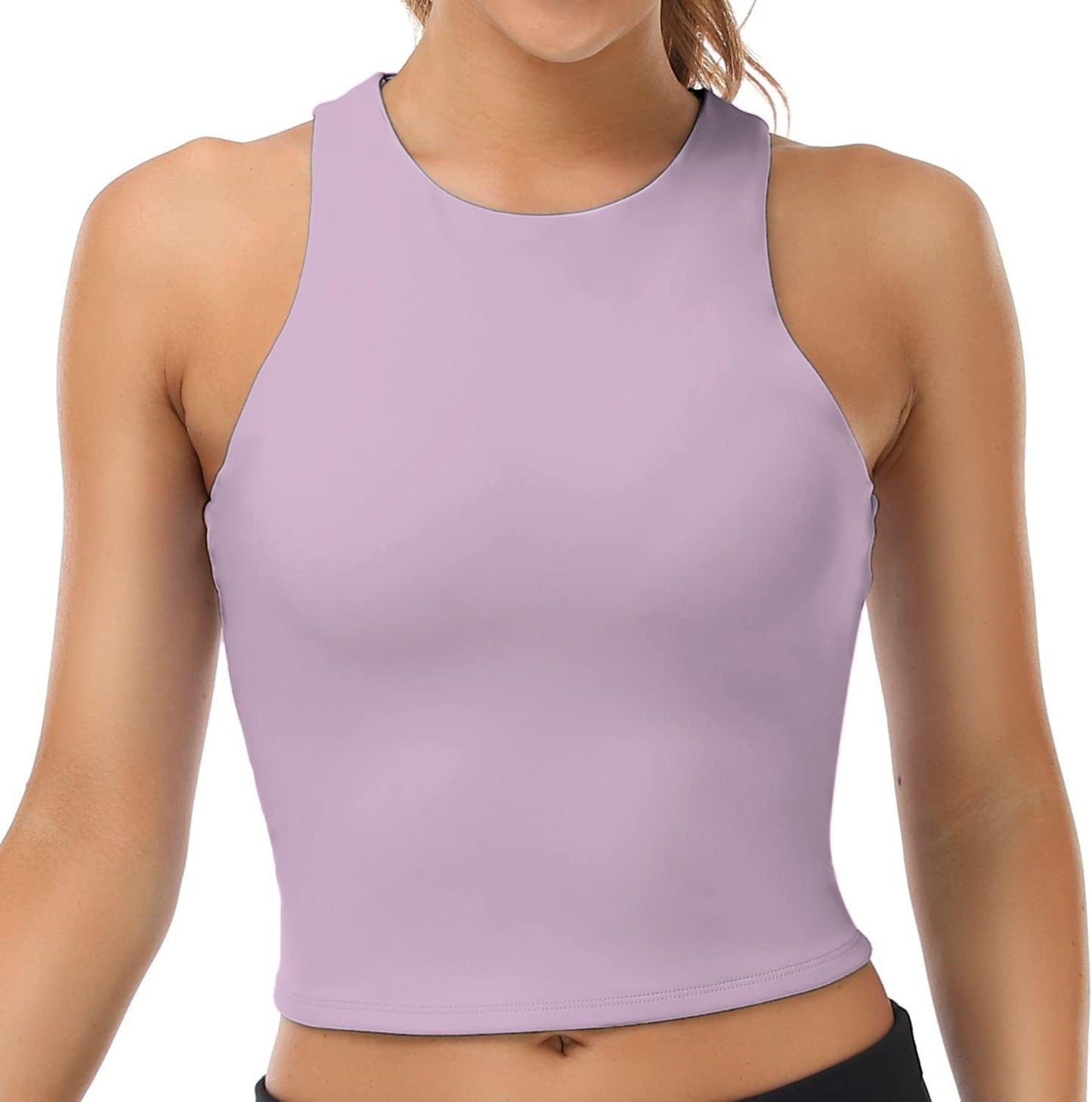 Colorfulkoala Women's High Neck Tank Tops Body Contour Sleeveless Crop Double Lined Yoga Shirts