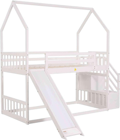 Tulib Twin Over Twin House Floor Bunk Bed, Wooden Low Bedframe with Convertible Slide, Storage Staircase can be Placed Left or Right for Bedroom, Kids and Adults, No Box Spring Need