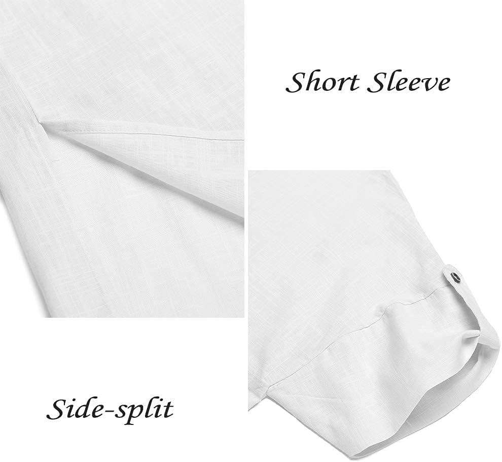 THE WHITE SHOP Men's V-Neck Linen Robe Short Sleeve Kaftan Thobe Long Gown Casual Shirt for Beach