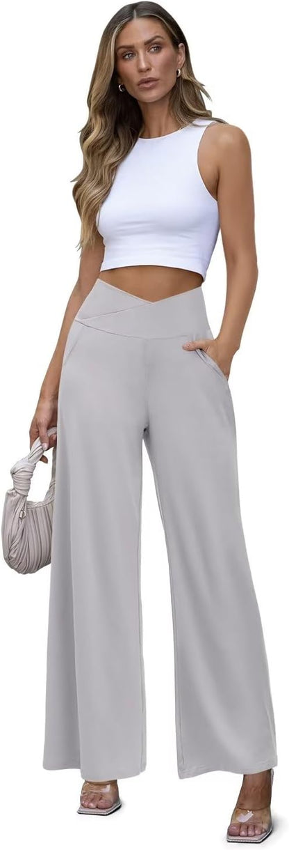 JZC Women's Wide Leg Casual Pants Cross Waist Palazzo Lounge Pajama Flowy Pants Yoga Sweatpants with Pockets