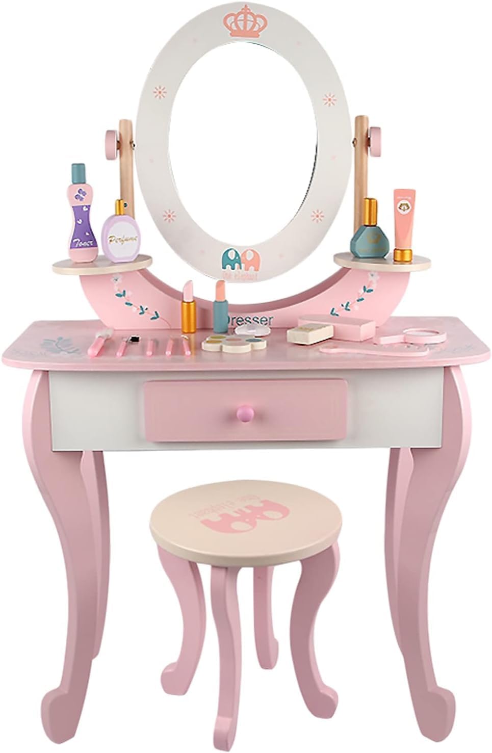 Wooden Dresser Table And Stools, Dressing Table, Role Play Toy, Makeup Toys,Kids Little Princess Rapunzel Wooden Vanity Set with Mirror and Chair (WHITE)