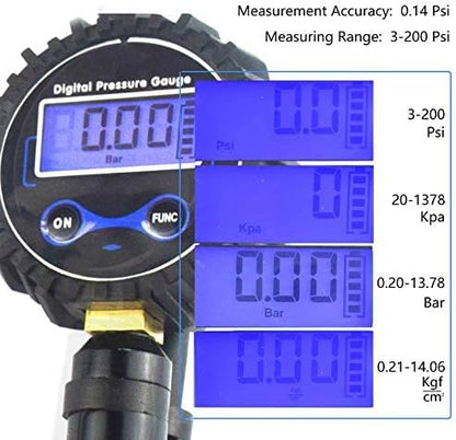 Digital Tire Inflator, 200 PSI Accurate Air Tire Pressure Gauge Air Compressor Kit 14” Rubber Air Hose Brass Lock-On Clip Air Chuck for most Car Truck Motorcycle Bike Black