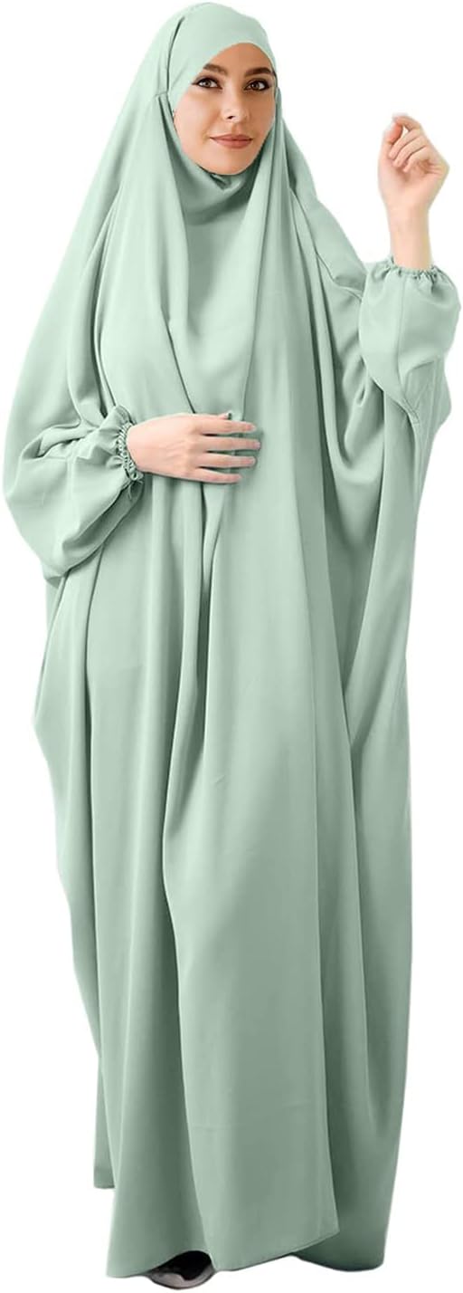 Women's Solid Abaya Muslim Plus Size One-Piece Prayer Dress Islamic Maxi Kaftan with Hijab Dubai Full Length Dress