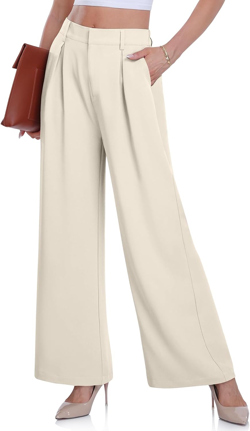 DACESLON Women's 2023 Causal Wide Leg Pants High Elastic Waisted in The Back Business Work Trousers Long Straight Suit Pants