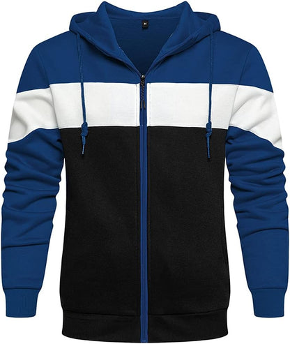 DUOFIER Men's Hoodies Zip Front Sweatshirt Color Blocking Hooded