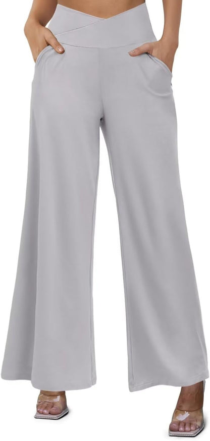 JZC Women's Wide Leg Casual Pants Cross Waist Palazzo Lounge Pajama Flowy Pants Yoga Sweatpants with Pockets