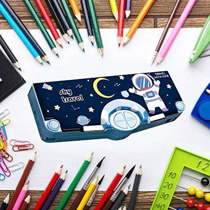 Multifunction Pencil Case, Pencil Box with 2 Compartments for Students - Cartoon Pattern Stationery Set with Pop Out Scissors and Pencil Sharpener