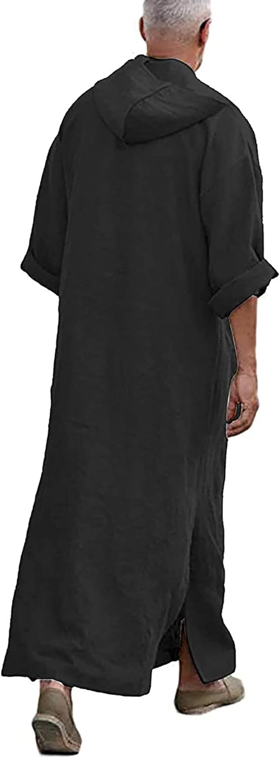 YAOHUOLE Men's Cotton Linen Arabic Robe V-Neck Long Sleeve Abaya Robe Side Split Casual Kaftan Thobe with Pockets