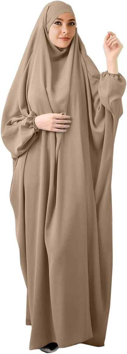 Women's Solid Abaya Muslim Plus Size One-Piece Prayer Dress Islamic Maxi Kaftan with Hijab Dubai Full Length Dress