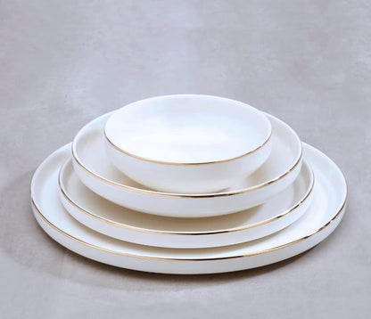 24 Piece Dinner Set for 6 People White Crockery with Gold Rim Scandinavian Porcelain Dinnerware Set - Famiware Pure Gold rim