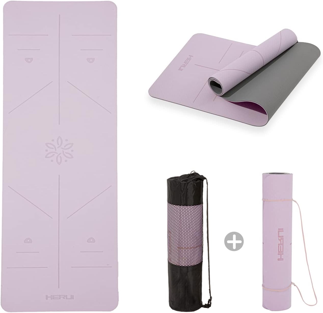 HERUI Yoga Mat Alignment Lines Anti-Slip Exercise Mat with Carrying Bag Fitness Mat for Pilates 183CM*61CM*6MM Thickness for Woman Man Beginners