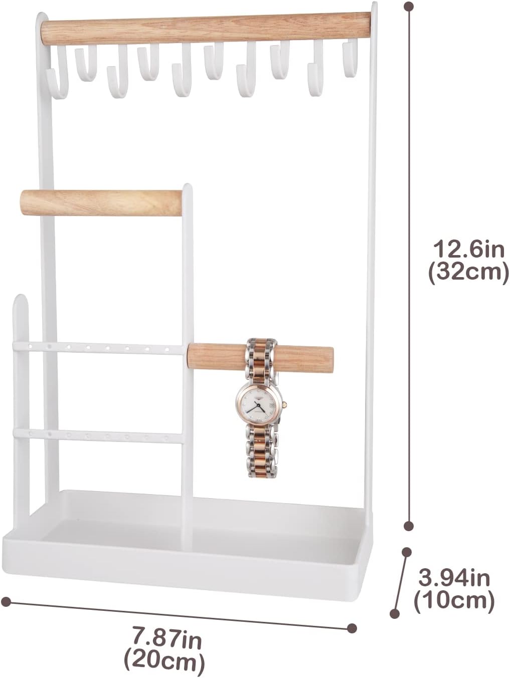 ProCase Jewelry Organizer Stand with Tray, Jewelry Display Metal Tree Holder Hanging Wooden Storage Stand for Necklace Bracelet Watch Earring Ring –White