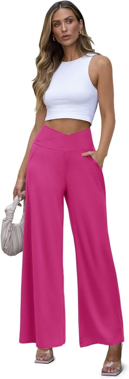 JZC Women's Wide Leg Casual Pants Cross Waist Palazzo Lounge Pajama Flowy Pants Yoga Sweatpants with Pockets