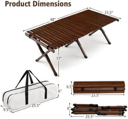 AUTOYSUR Folding Wooden Camping Table Portable Picnic Table w/Carry Bag Roll-up Bamboo Tabletop Outdoor Travel Camping Table (Coffee)